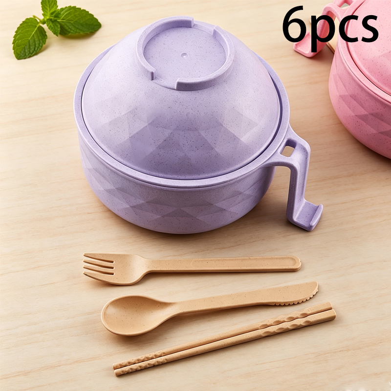 Dim Sum Basket - 6-teiliges Nudelsuppen-Schüssel-Set mit Deckel, Besteckset mit